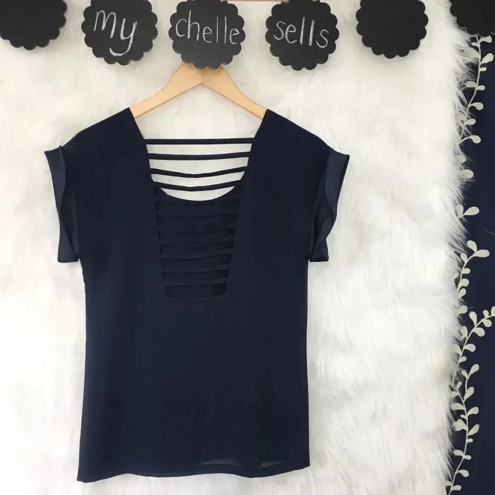 AQUA Navy Satin‎ Trim Cut Out Short Sleeve Top - Picture 5 of 6